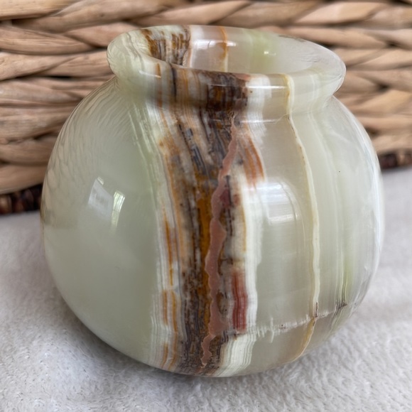 Natural Onyx Banded Green Brown Onyx Small Round Vase Home Decor - Picture 4 of 7